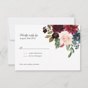 Tarjeta De Confirmación De Asistencia Rosa de la Marina Borgoña Boda Floral