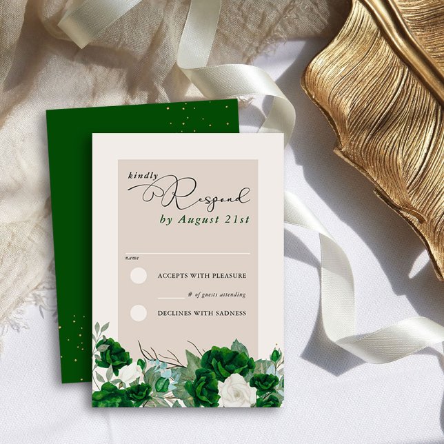 Tarjeta De Confirmación De Asistencia Rosa de marfil y verde esmeralda elegante floral (RSVP Cards from the Royal Rose Emerald Green Quinceanera Collection by Darling & May)