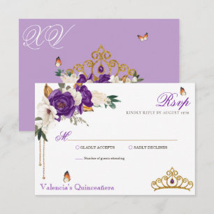 Tarjeta De Confirmación De Asistencia Rosa de mariposa Royal Purple Gold Tiara Quinceane