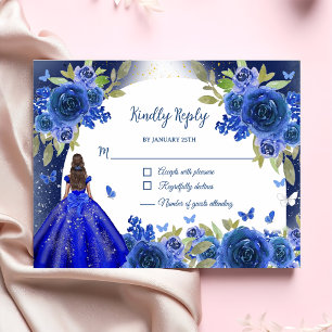Tarjeta De Confirmación De Asistencia Rosa de Plata Azul Quinceanera Cumpleaños