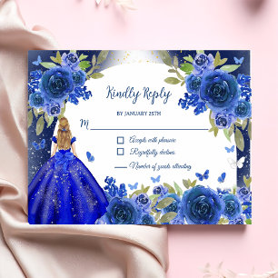 Tarjeta De Confirmación De Asistencia Rosa de Plata Azul Quinceanera Cumpleaños