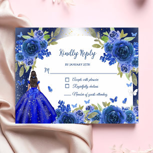Tarjeta De Confirmación De Asistencia Rosa de Plata Azul Quinceanera Cumpleaños