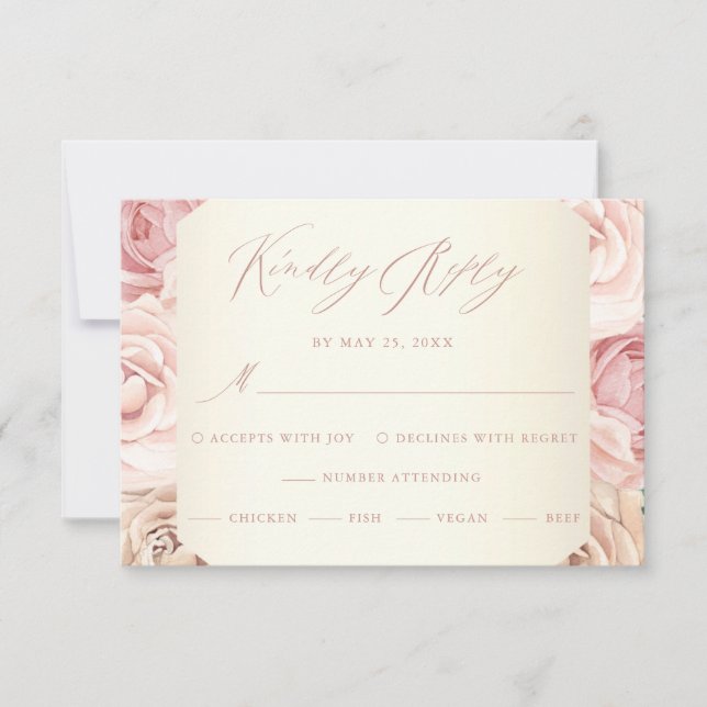 Tarjeta De Confirmación De Asistencia Rosa elegante Boda de caligrafía floral (Anverso)