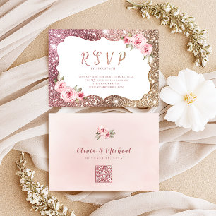 Tarjeta De Confirmación De Asistencia Rosa espumoso purpurina de oro boda floral código