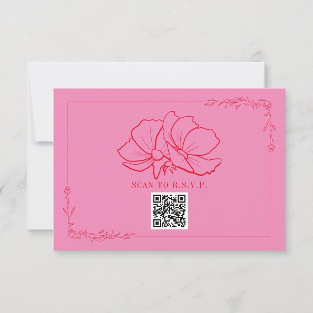 Tarjeta De Confirmación De Asistencia Rosa floral de arte lineal + Boda rojo (Anverso)