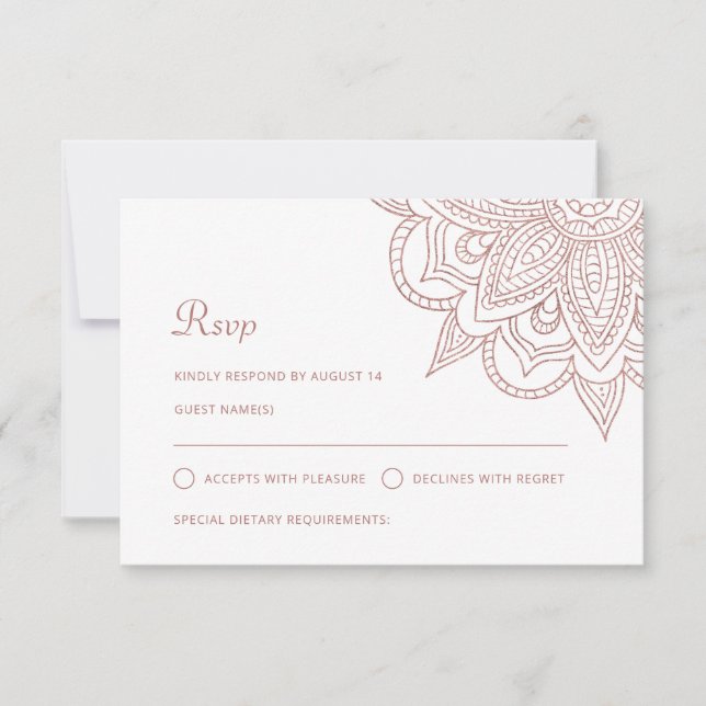 Tarjeta De Confirmación De Asistencia Rosa indio elegante Boda hindú Mehndi (Anverso)