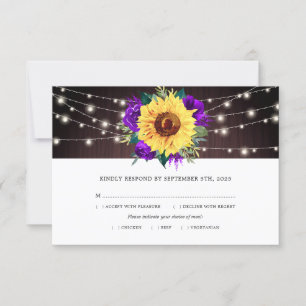 Tarjeta De Confirmación De Asistencia Rosa morado de girasol alumbrado Boda de madera Co