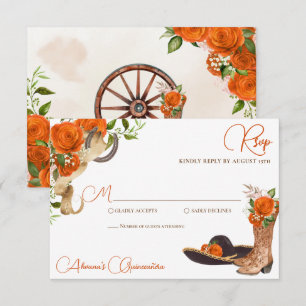 Tarjeta De Confirmación De Asistencia Rosa naranja Rustic Charro Western Quinceanera
