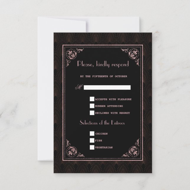 Tarjeta De Confirmación De Asistencia Rosa Oro Negro Gran Gatsby Art Deco Boda (Anverso)