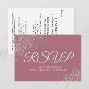 Tarjeta De Confirmación De Asistencia Rosa Polvo Malva Rosa Elegante Encaje Plateado Bod