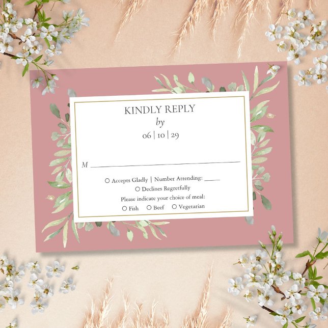Tarjeta De Confirmación De Asistencia Rosa Polvoriento Aquarela Verde Dorado Boda (Dusty Rose Watercolor Greenery Gold Wedding RSVP Card)