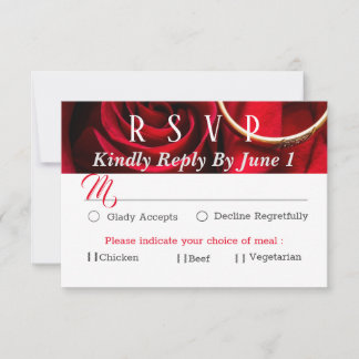 Tarjeta De Confirmación De Asistencia Rosa roja floral con Boda de anillo