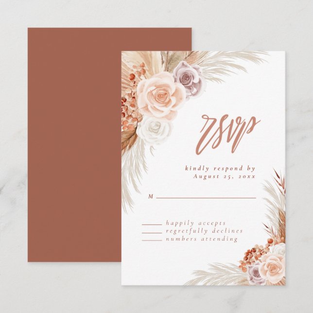 Tarjeta De Confirmación De Asistencia Rosa silenciado Pampas Terracotta Boho Boda (Anverso / Reverso)