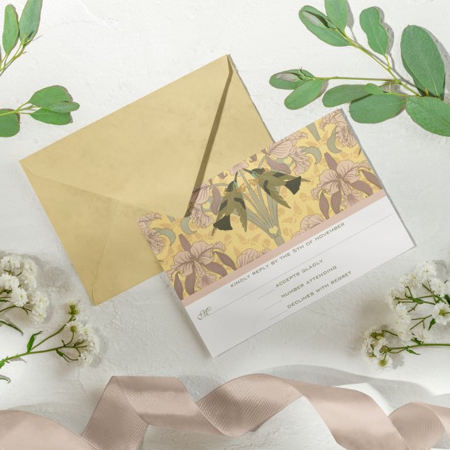 Tarjeta De Confirmación De Asistencia Rosa turbio Art Deco Hummingbirds Boda (Subido por el creador)
