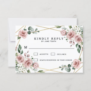 Tarjeta De Confirmación De Asistencia Rosa turbio Boda de vegetación floral rosa y dorad