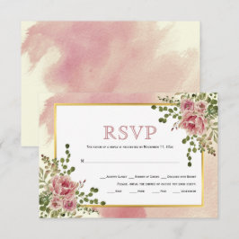 Tarjeta De Confirmación De Asistencia Rosa turbio flores rosadas marco dorado boho boda