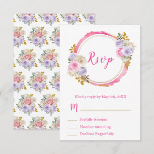 Tarjeta De Confirmación De Asistencia Rosa y púrpura Elegantes Flores Dulces Dieciséis