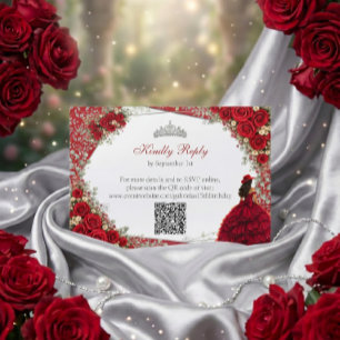 Tarjeta De Confirmación De Asistencia Rosas acuarela rojas y quinceañera roja y plata