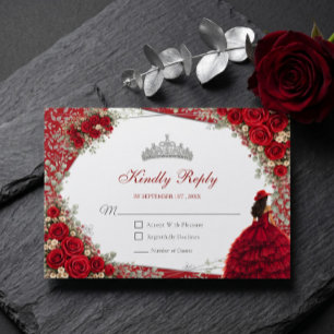 Tarjeta De Confirmación De Asistencia Rosas acuarela rojas y quinceañera roja y plata