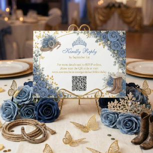 Tarjeta De Confirmación De Asistencia Rosas Azules Occidentales Quinceañera Dorada del P