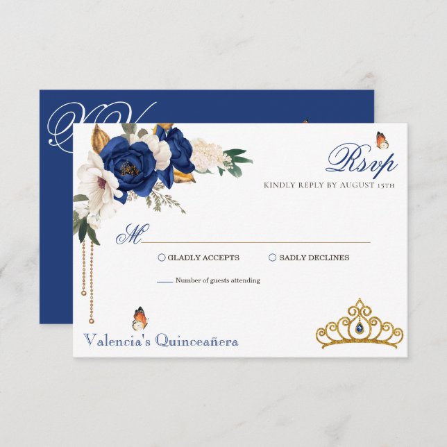 Tarjeta De Confirmación De Asistencia Rosas azules reales Tiara Quinceanera (Anverso / Reverso)