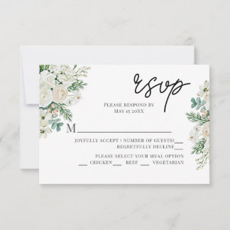 Tarjeta De Confirmación De Asistencia Rosas blancas de invierno, cornejo y abeto de boda