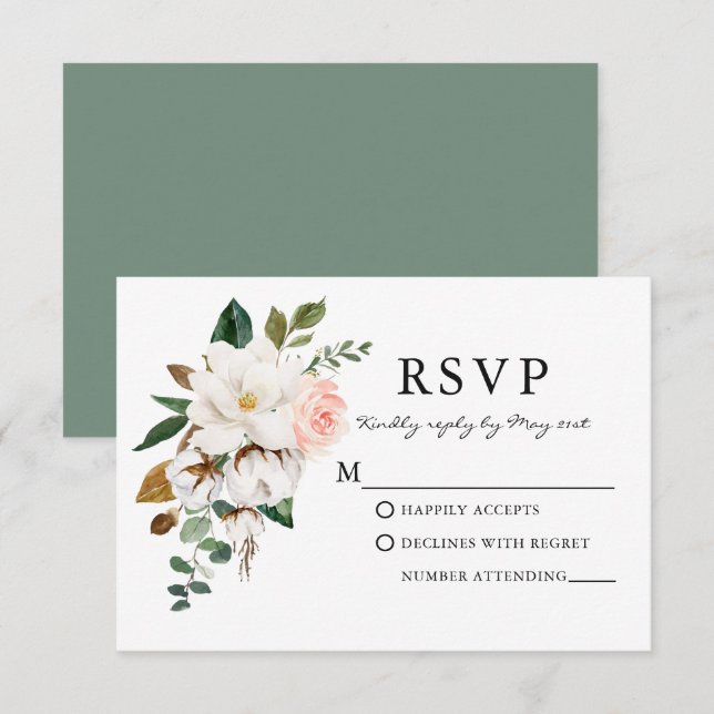 Tarjeta De Confirmación De Asistencia Rosas de acuarela Magnolias Boda Sage Green (Anverso / Reverso)
