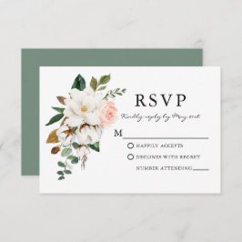 Tarjeta De Confirmación De Asistencia Rosas de acuarela Magnolias Boda Sage Green