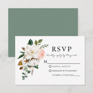 Tarjeta De Confirmación De Asistencia Rosas de acuarela Magnolias Boda Sage Green