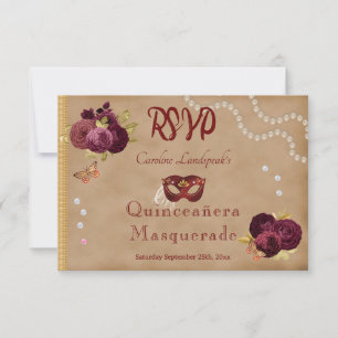 Tarjeta De Confirmación De Asistencia Rosas de Borgoña de la Mascarada Roja de Quinceañe