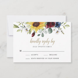 Tarjeta De Confirmación De Asistencia Rosas de Borgoña Girasoles Boda Rústica Azul Marin