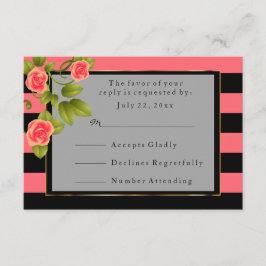 Tarjeta De Confirmación De Asistencia Rosas de coral en franjas corales y negras