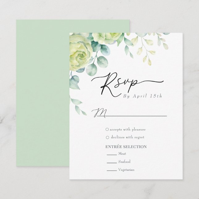 Tarjeta De Confirmación De Asistencia Rosas de Eucalyptus | Elegante Boda del Boho Green (Anverso / Reverso)