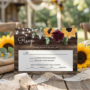 Tarjeta De Confirmación De Asistencia Rosas de Girasol Boda de Madera con Opción de Comi