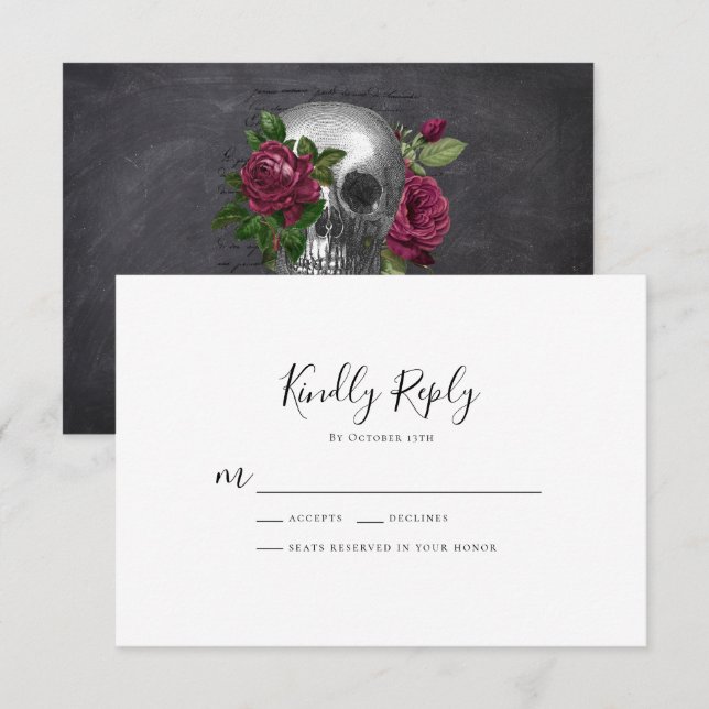 Tarjeta De Confirmación De Asistencia Rosas de la Calavera Gótica | BODA (Anverso / Reverso)