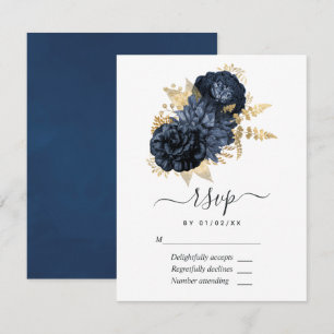 Tarjeta De Confirmación De Asistencia Rosas de la Marina Azul y Oro Vintage