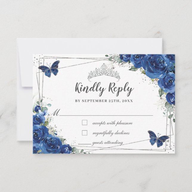 Tarjeta De Confirmación De Asistencia Rosas Florales Azules de Quinceañera (Anverso)