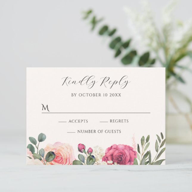 Tarjeta De Confirmación De Asistencia Rosas Florales de acuarela blanca rosa (Anverso de pie)