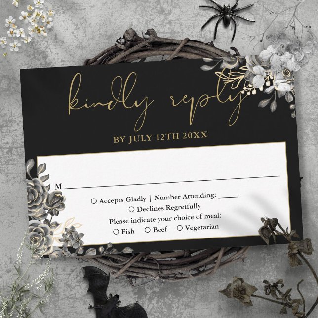 Tarjeta De Confirmación De Asistencia Rosas Florales Góticos Boda Negro Y Oro (Gothic Floral Roses Black And Gold Wedding RSVP Card)