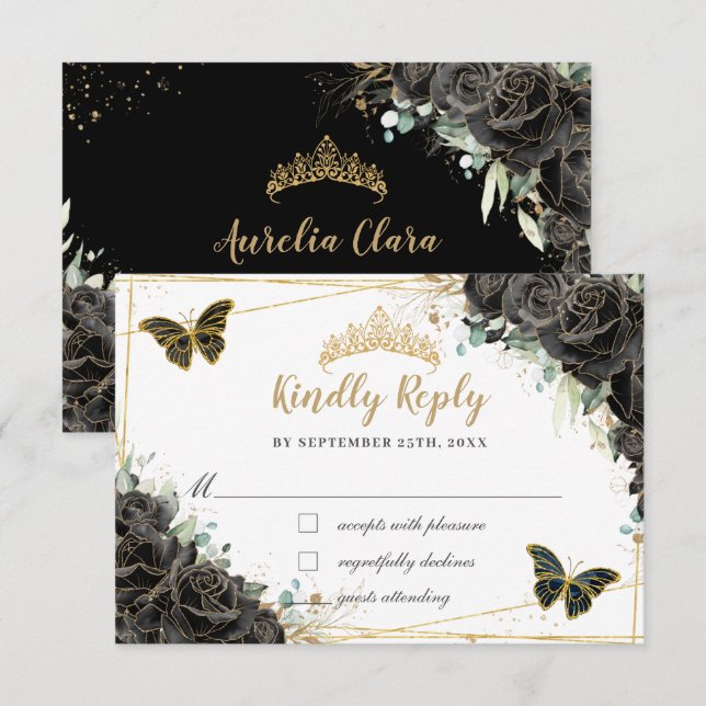 Tarjeta De Confirmación De Asistencia Rosas florales negras Gold Quinceañera (Anverso / Reverso)