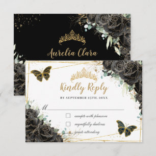 Tarjeta De Confirmación De Asistencia Rosas florales negras Gold Quinceañera