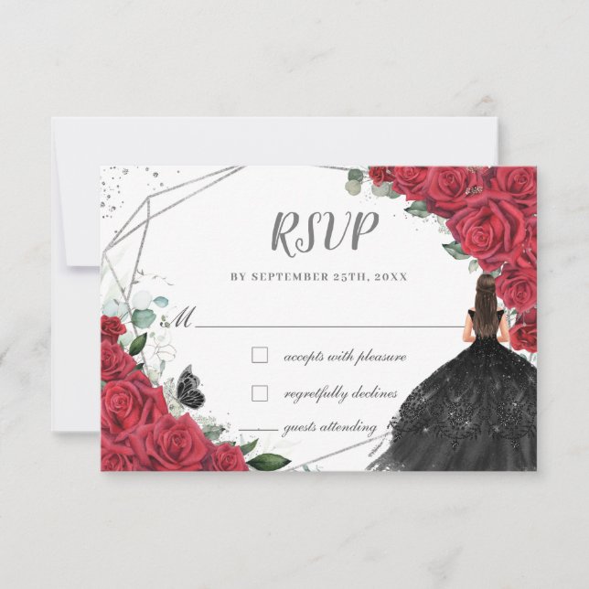 Tarjeta De Confirmación De Asistencia Rosas florales rojos moda Príncipes de Quinceañera (Anverso)