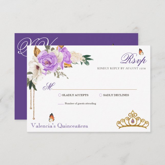 Tarjeta De Confirmación De Asistencia Rosas Lavender Royal Purple Gold Tiara Quinceanera (Anverso / Reverso)