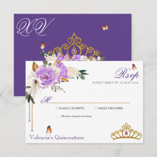 Tarjeta De Confirmación De Asistencia Rosas Lavender Royal Purple Gold Tiara Quinceanera