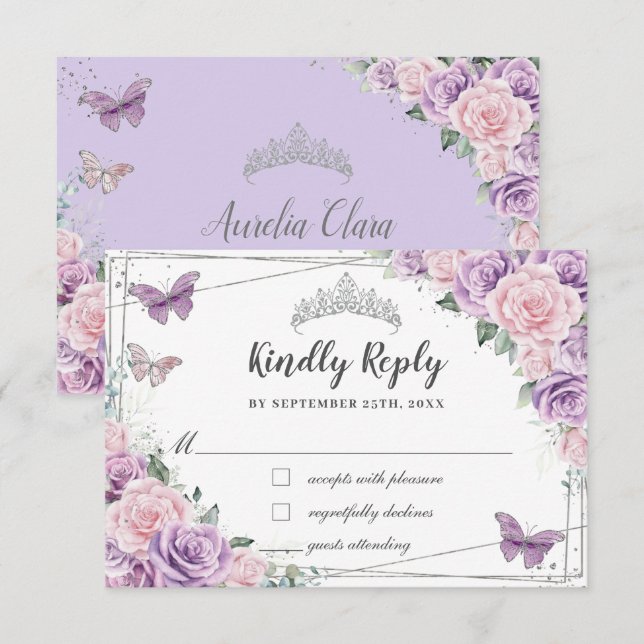 Tarjeta De Confirmación De Asistencia Rosas Lilac Pink Floral Quinceañera Butterflies (Anverso / Reverso)