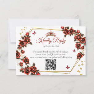 Tarjeta De Confirmación De Asistencia Rosas Mariposa Tiara Dorada Roja Quinceañera