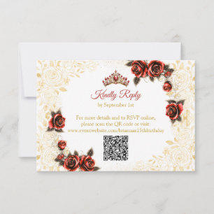 Tarjeta De Confirmación De Asistencia Rosas Mariposas Tiara Dorada Roja Quinceañera