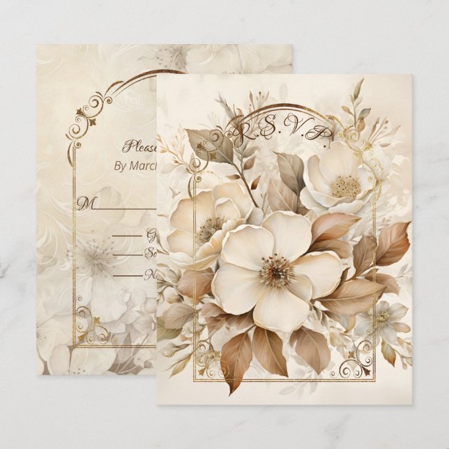 Tarjeta De Confirmación De Asistencia Rosas marrones monótonas y blancas marco de oro (Anverso / Reverso)