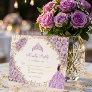Tarjeta De Confirmación De Asistencia Rosas Moradas Lilas Mariposa Dorada Quinceañera
