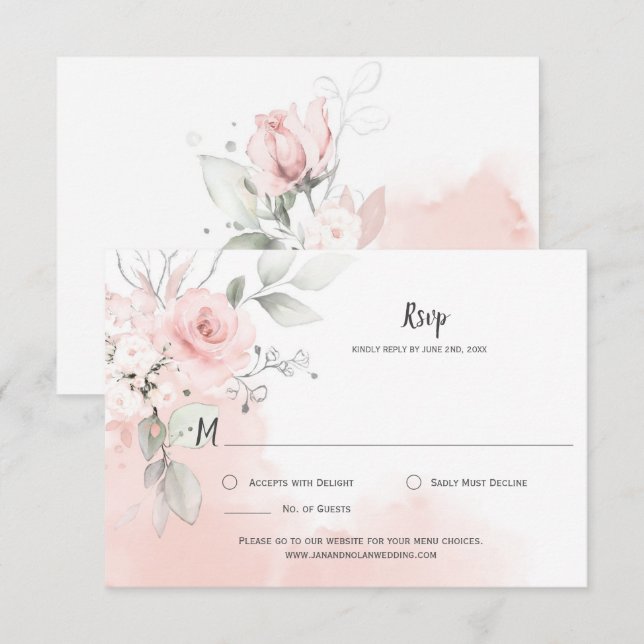 Tarjeta De Confirmación De Asistencia Rosas Pastel Rosadas Lavado de Acuarela Rosa Pálid (Anverso / Reverso)
